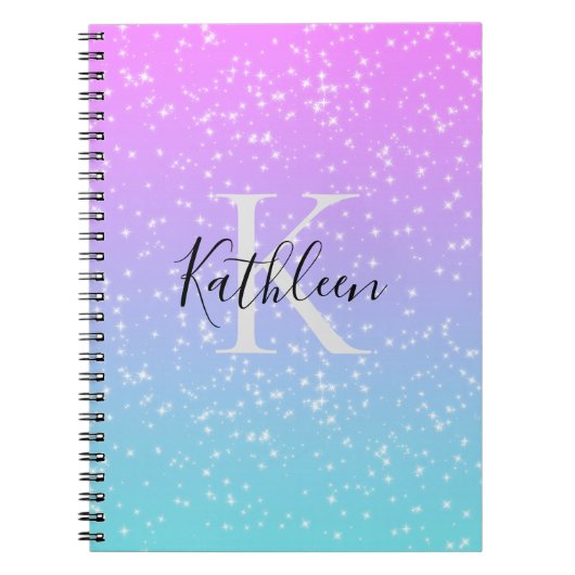 Monogram Initiaal Naam Roze Blauwe Sparkle Girly Notitieboek (Voorkant)