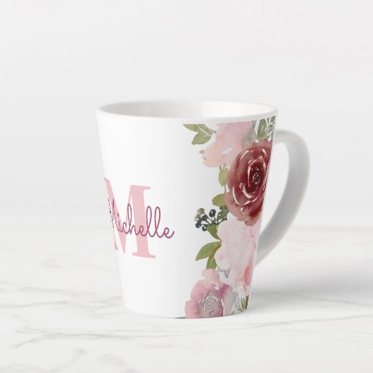 Monogram Initiaal naam roze rose Waterverf bloemig Latte Mok (Rechterhoek)
