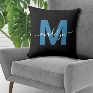 Monogram Initiaal Naam Script Blauw Kussen