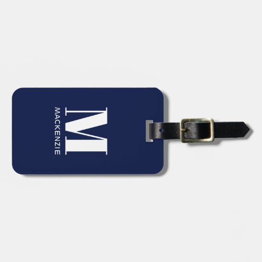 Monogram Initiaal Naam Simple Navy Blue Bagagelabel (Voorkant horizontaal)