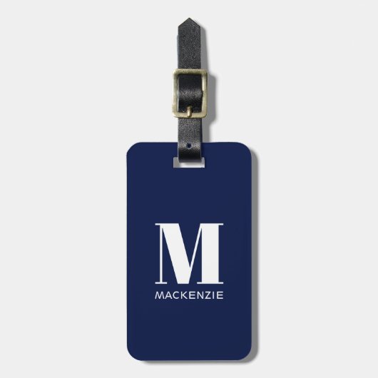 Monogram Initiaal Naam Simple Navy Blue Bagagelabel (Voorkant verticaal)