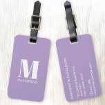 Monogram Initiaal Naam Simple Pastel Lila Bagagelabel<br><div class="desc">Moderne typografie minimalistische monogram initiaal naam ontwerp in wit op pastel lila paarse die kan worden gewijzigd om te personaliseren.</div>