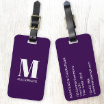 Monogram Initiaal Naam Simple Plum Paarse Bagagelabel<br><div class="desc">Moderne typografie minimalistische monogram initiaal naam ontwerp in wit op donkerpruim paarse die kan worden gewijzigd om te personaliseren.</div>
