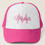 Monogram Initiaal naam voor haar witte en warme ro Trucker Pet<br><div class="desc">Monogram Initiaal Letter-naam voor haar witte roze Sjabloon elegant Trendy White en Hot Pink Trucker Hat.</div>