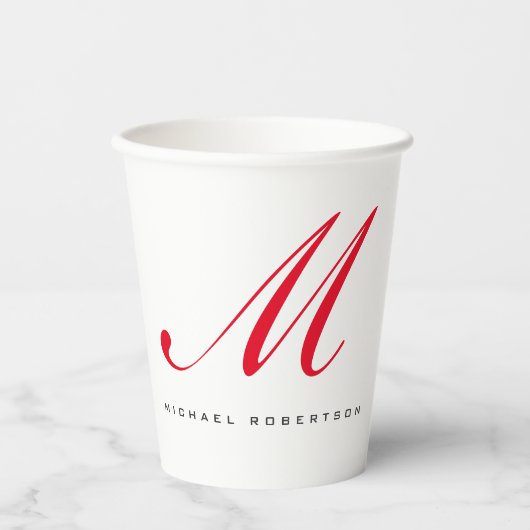 Monogram Initiaal naam Wit Rood Unique Minimalist Papieren Bekers (Voorkant)