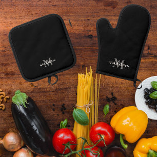 Monogram Initiaal naam zwart Ovenwant & Pannenlap Set