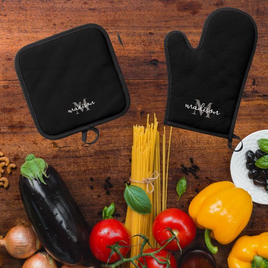Monogram Initiaal naam zwart Ovenwant & Pannenlap Set