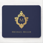Monogram Initiaal Navy Blue Faux Gold Crest Elegan Muismat (Voorkant)