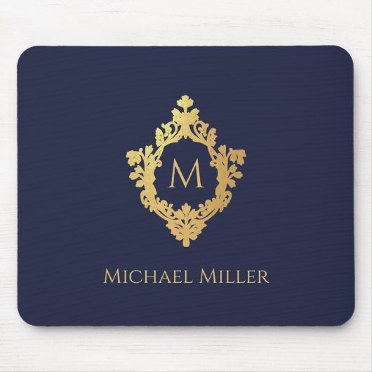 Monogram Initiaal Navy Blue Faux Gold Crest Elegan Muismat (Voorkant)