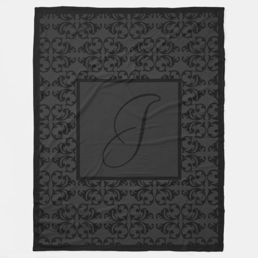 Monogram Initiaal op Black Damask  Fleece Deken (Voorkant)