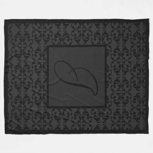 Monogram Initiaal op Black Damask Fleece Deken (Voorkant (Horizontaal))