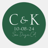 Monogram Initiaal op bosgroene trouwjurk Ronde Sticker (Voorkant)