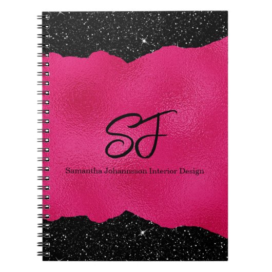 Monogram-initiaal op luxe zwart en hete roze notitieboek (Voorkant)