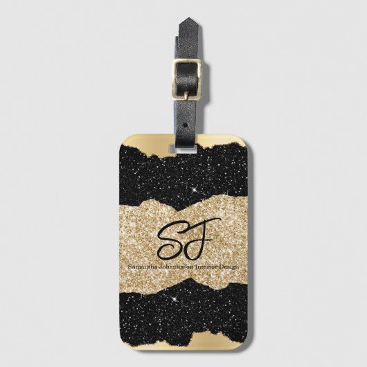 Monogram-initiaal op zwarte en gouden glitter bagagelabel (Voorkant (verticaal))