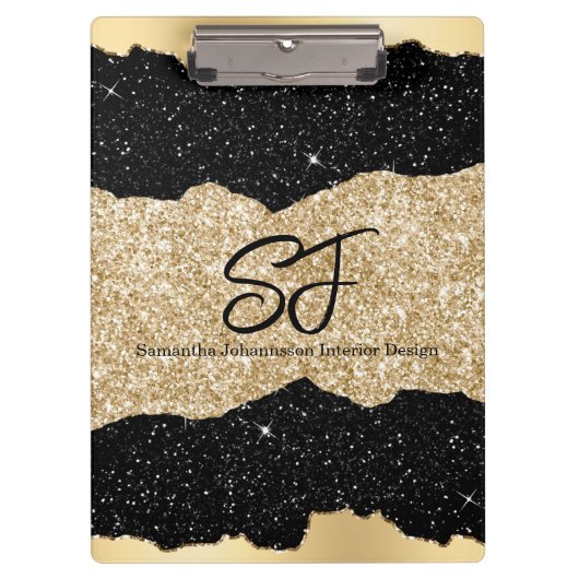 Monogram initiaal op zwarte en gouden glitter klembord (Voorkant)