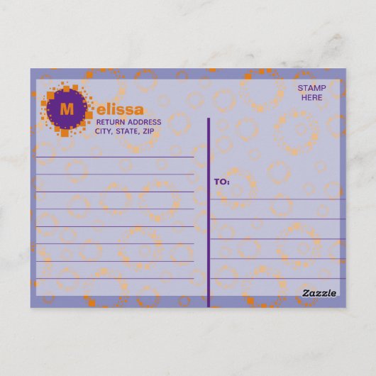 Monogram Initiaal Oranje Paarse vierkantscirkels Briefkaart (Achterkant)