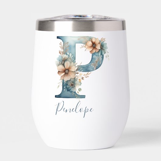 Monogram Initiaal P Blauwe Bloemrijke Waterverf Ca (Voorkant)