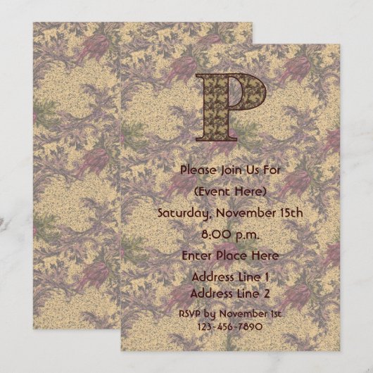 Monogram Initiaal P Elegant Floral Invite Kaart (Voorkant / Achterkant)