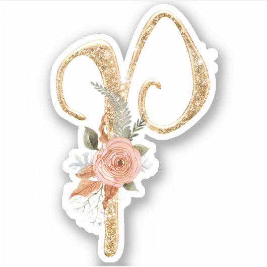 Monogram Initiaal P Goud Glitter Pioen Roos Bloeme Sticker (Voorkant)