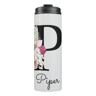 Monogram Initiaal P Pink Boho Floral Thermosbeker