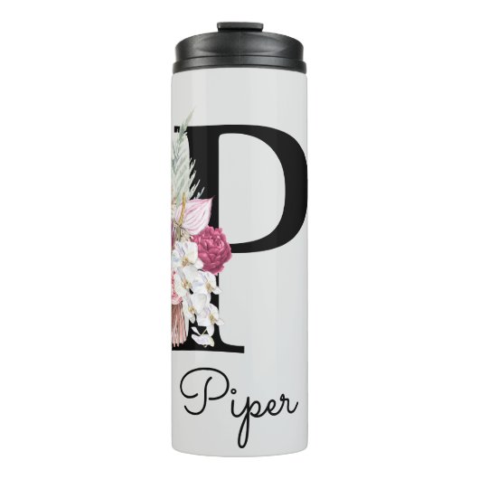 Monogram Initiaal P Pink Boho Floral Thermosbeker (Voorkant)
