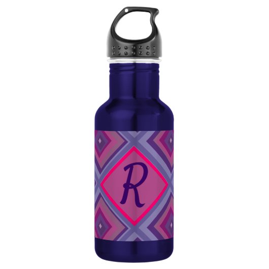 Monogram Initiaal Paars roze diamantpatroon Waterfles (Voorkant)