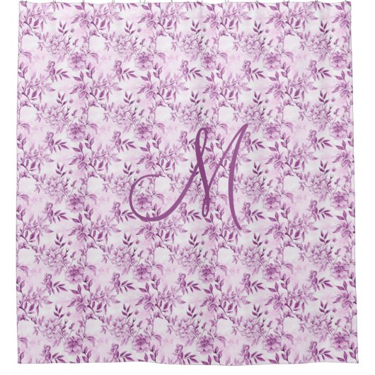 Monogram Initiaal Paarse Bloemen Waterverf Elegant Douchegordijn (Voorkant)