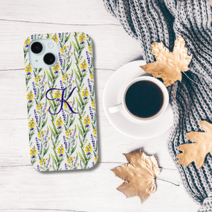 Monogram Initiaal Paarse Gele Wildbloemen Trendy iPhone 15 Case