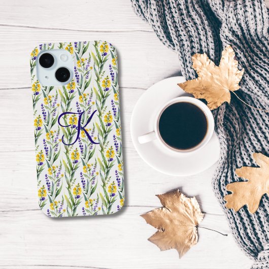 Monogram Initiaal Paarse Gele Wilde Bloemen Trendy Case-Mate iPhone Case