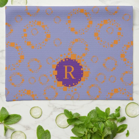 Monogram Initiaal Paarse Oranje vierkantscirkels K Theedoek (Gevouwen)