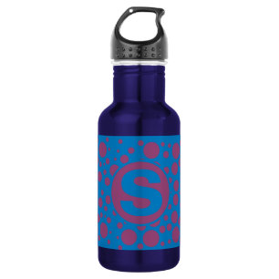 Monogram Initiaal Paarse Polka Dots op Blue Girly Waterfles
