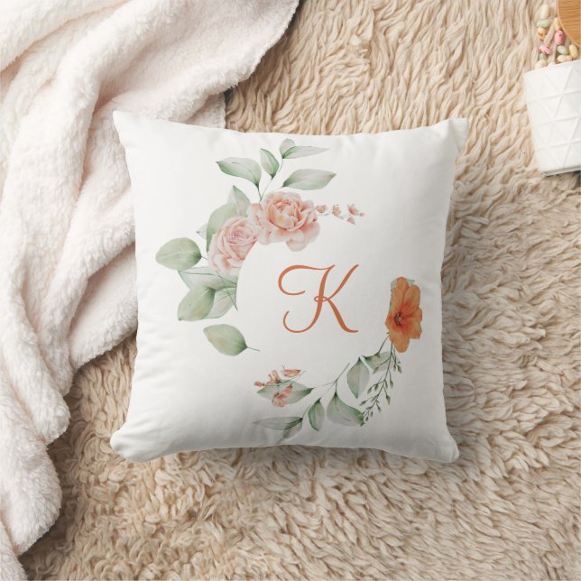 Monogram Initiaal Perzik Koraalgroene Bloem Elegan Kussen (Deken)