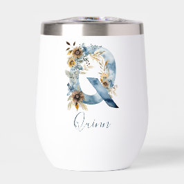 Monogram Initiaal Q Blauwe Bloemrijke Waterverf Ca