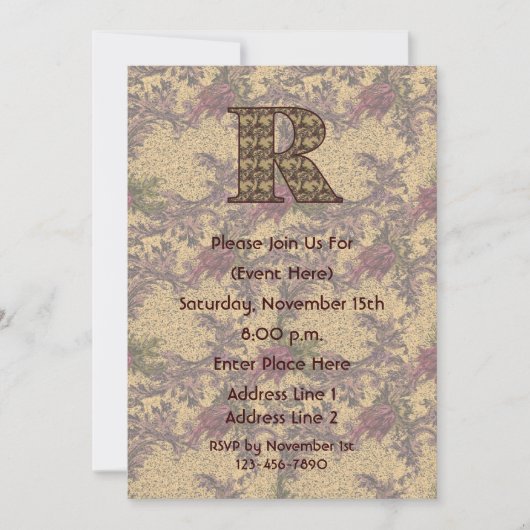 Monogram Initiaal R Elegant Floral Invite Kaart (Voorkant)