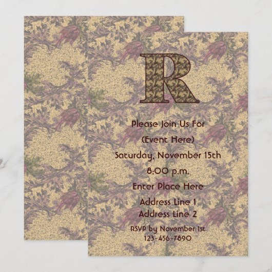 Monogram Initiaal R Elegant Floral Invite Kaart (Voorkant / Achterkant)
