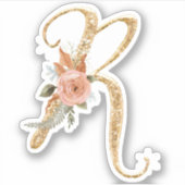 Monogram Initiaal R Goud Glitter Pioen Roos Bloeme Sticker (Voorkant)