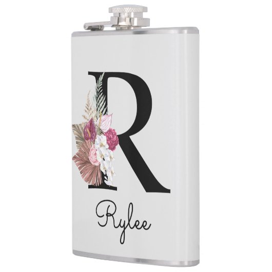 Monogram Initiaal R Pink Boho Girly Bloemen Heupfles (Links)