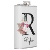 Monogram Initiaal R Pink Boho Girly Bloemen Heupfles (Rechts)