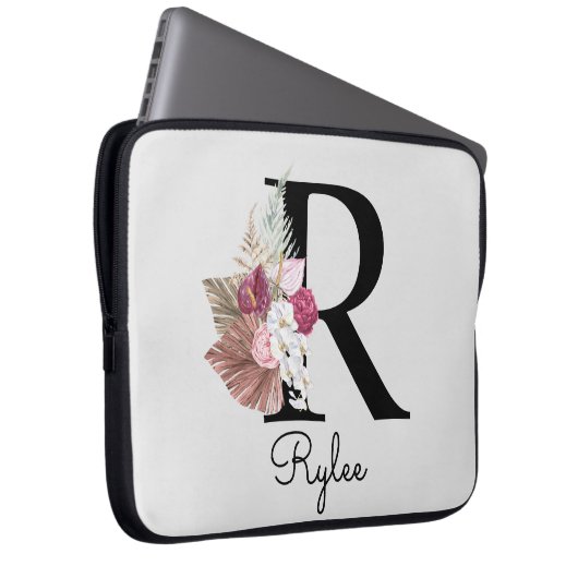 Monogram Initiaal R Pink Boho Girly Bloemen Laptop Sleeve (Voorkant Rechts)