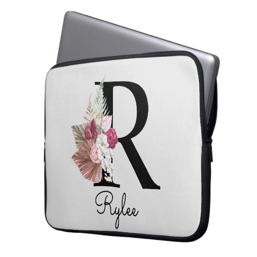 Monogram Initiaal R Pink Boho Girly Bloemen Laptop Sleeve (Voorkant Links)