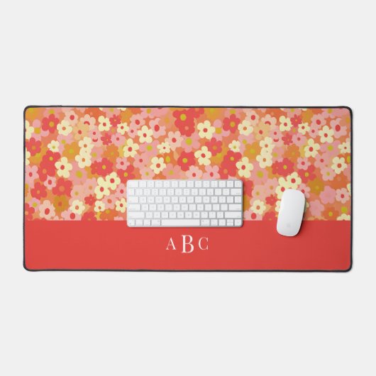 Monogram Initiaal Retro Bloem Roze Rood Warm Bureaumat (Keyboard & Muis)