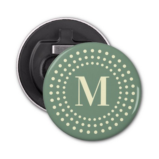 Monogram initiaal retro radiale stippen sage groen button flesopener (Voorkant)