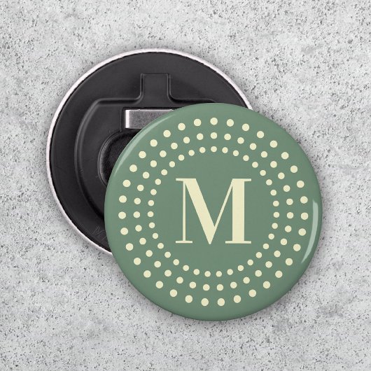 Monogram initiaal retro radiale stippen sage groen button flesopener