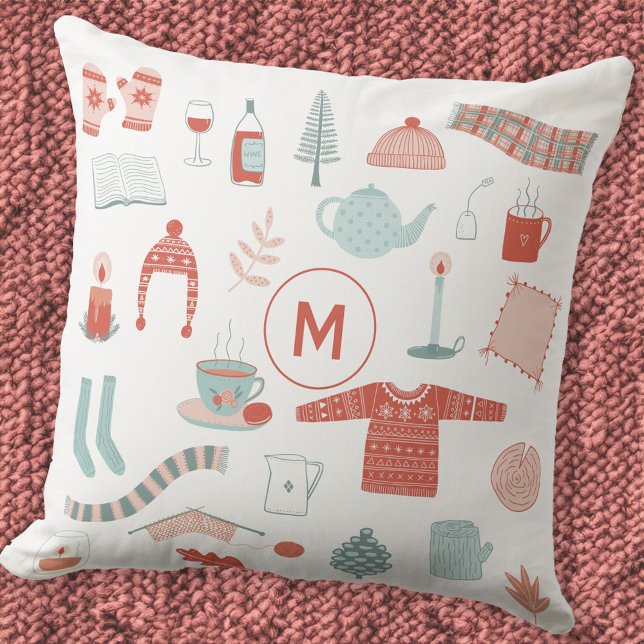 Monogram Initiaal Retro Scandinavische Hygge Kussen (Monogram initial personalized Scandinavian Hygge cosy throw pillow)