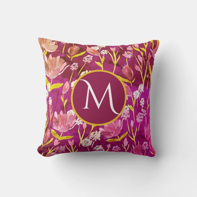 Monogram Initiaal Romantic Burgundy Floral Kussen (Voorkant)