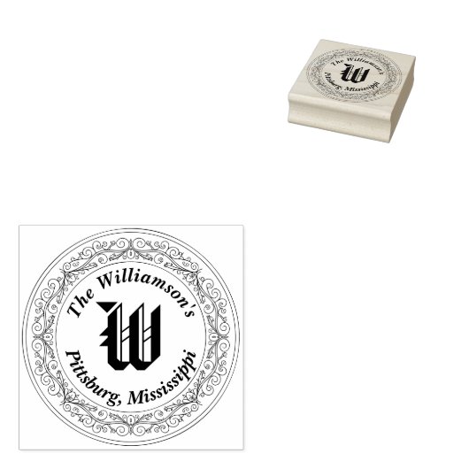 Monogram Initiaal Ronde Filigree surround naam add Rubberstempel (Gestempeld)