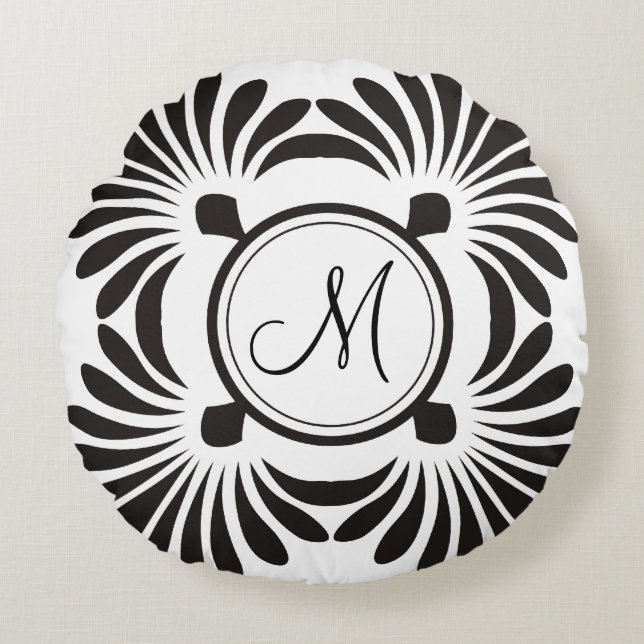 Monogram Initiaal Round Pillow-Black Floral Rond Kussen (Voorkant)