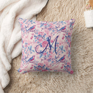 Monogram Initiaal Roze Blauw Toile Bloemvogels Kussen