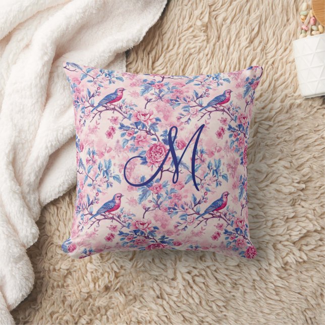 Monogram Initiaal Roze Blauw Toile Bloemvogels Kussen (Deken)