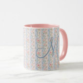 Monogram Initiaal Roze Blauwe Gestreepte Bloemroze Mok (Voorkant rechts)